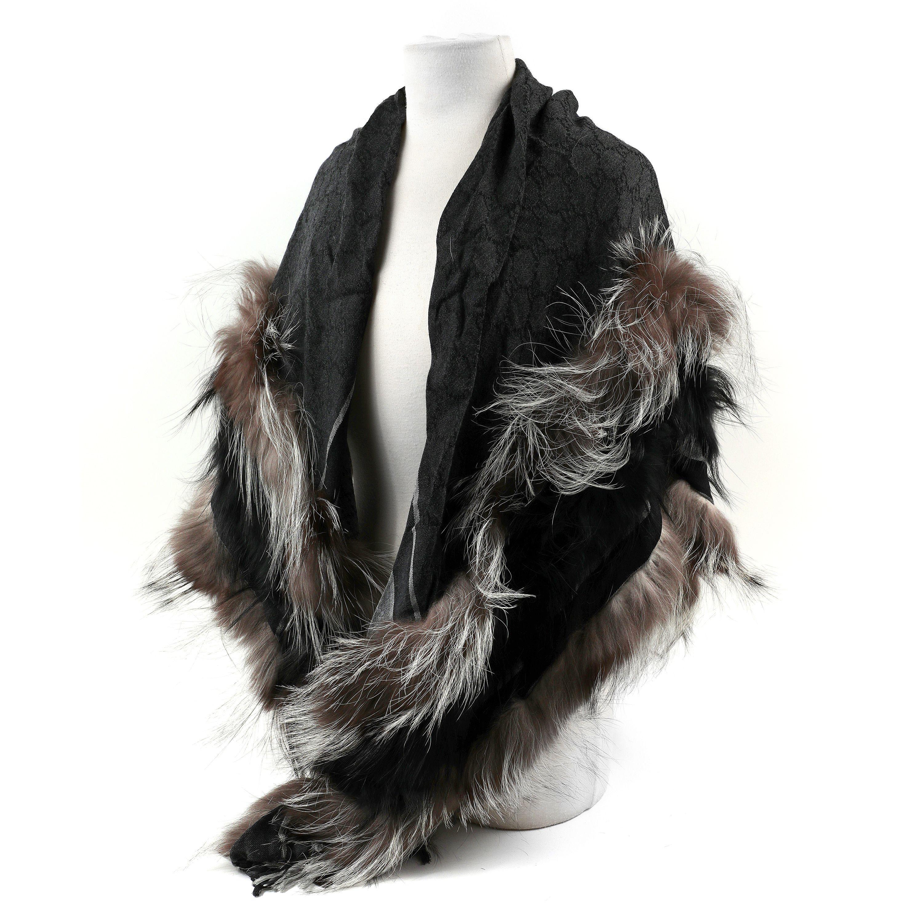 Black Gucci Limited Release Navy Fox Fur Trim Shawl Scarf For Sale