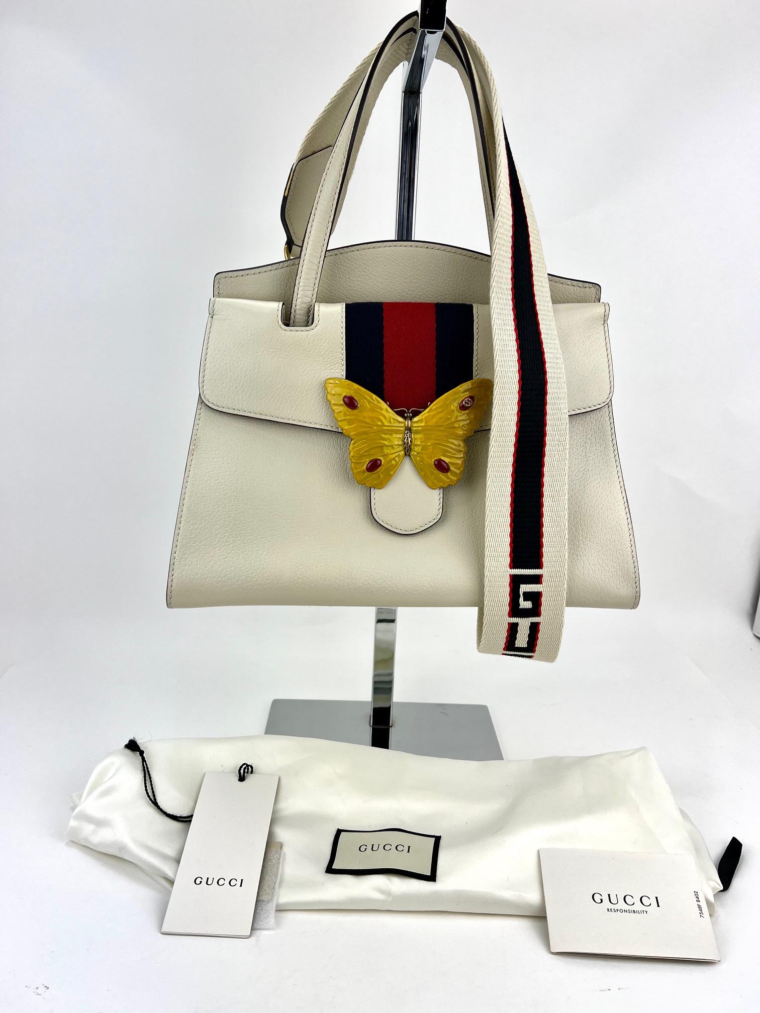 GUCCI Linea Medium Totem Web Stripped Yellow Butterfly Top Handle Bag  For Sale 7