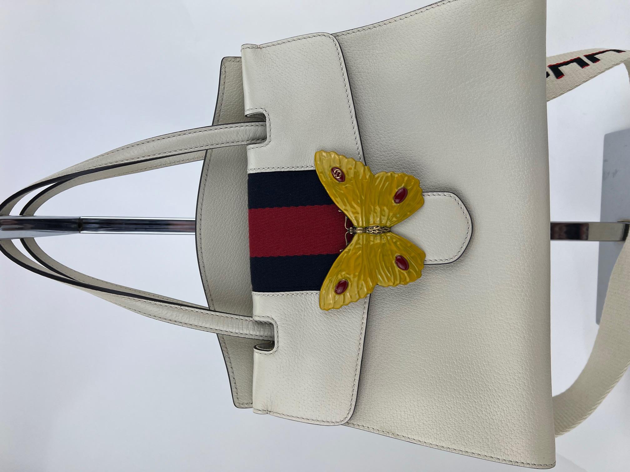 GUCCI Linea Medium Totem Web Stripped Yellow Butterfly Top Handle Bag  For Sale 3