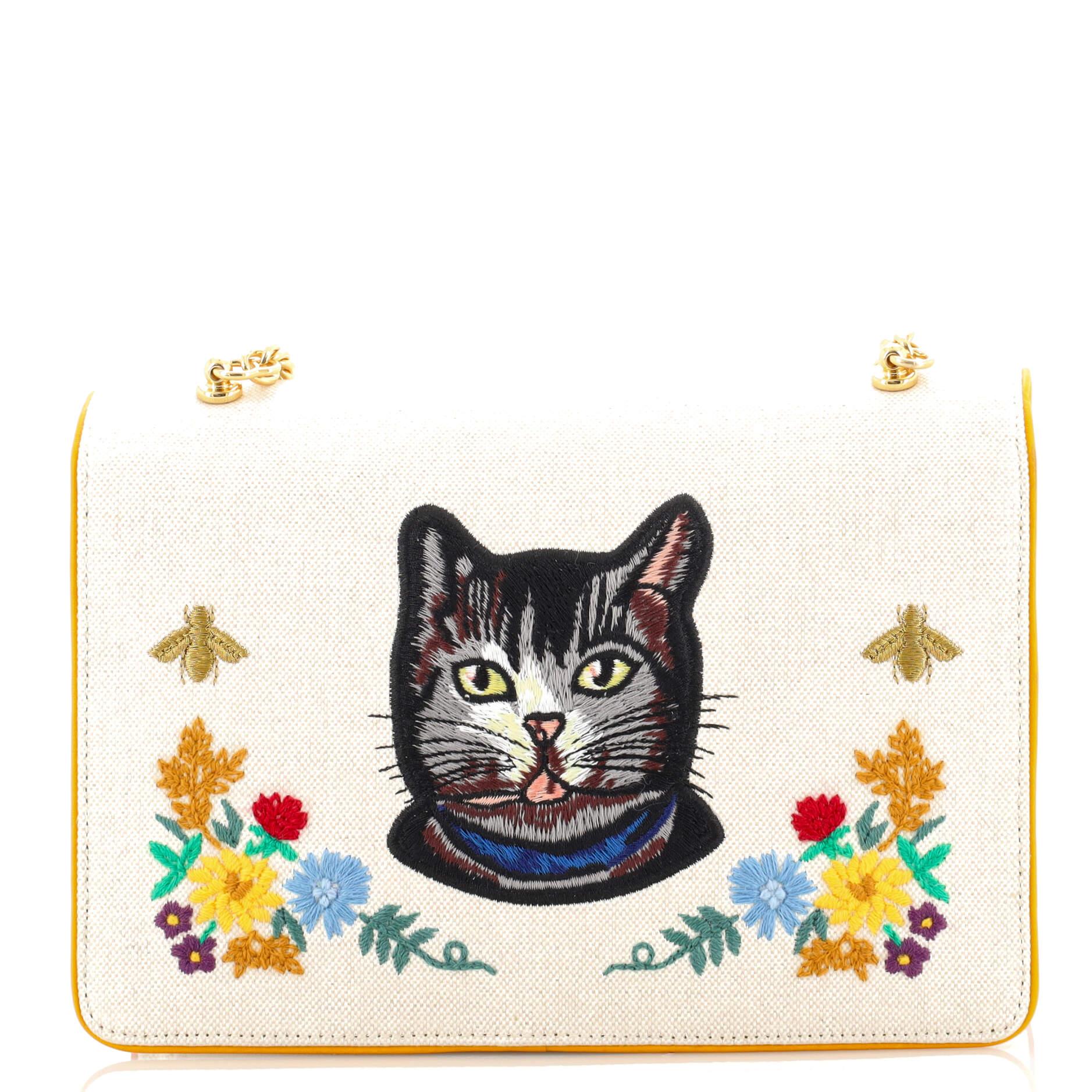 Beige Gucci Linea Ricami Shoulder Bag Embroidered Canvas Small