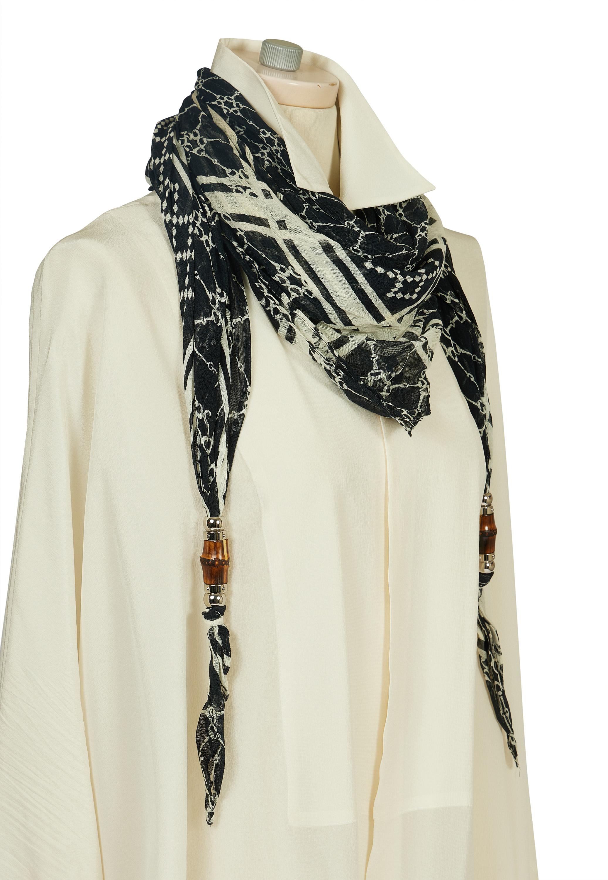 Gucci blue and white large cotton scarf/shawl with bamboo detail dangles.
