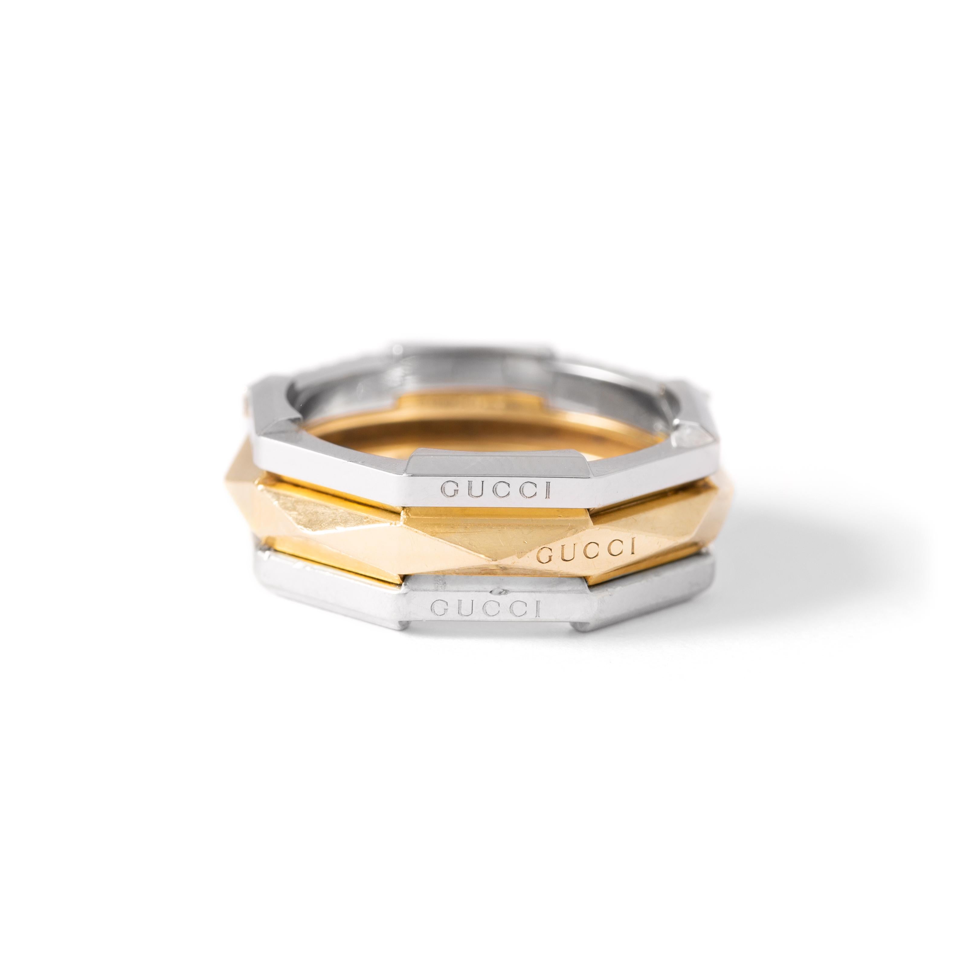 Three Gucci Link to Love Mirrored Rings Stackable respectively 
18K Yellow Gold, 18K White Gold and Diamond on 18K White Gold.

Comes with three Gucci boxes.

Each one signed Gucci.
Made in ITALY.

A bold and influential ring design.
Stackable