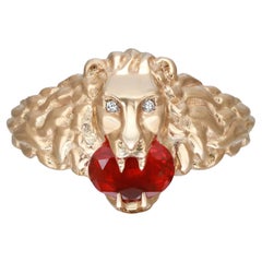 Gucci Lion Head Diamond Fire Opal Ring 18K Yellow Gold Size 7
