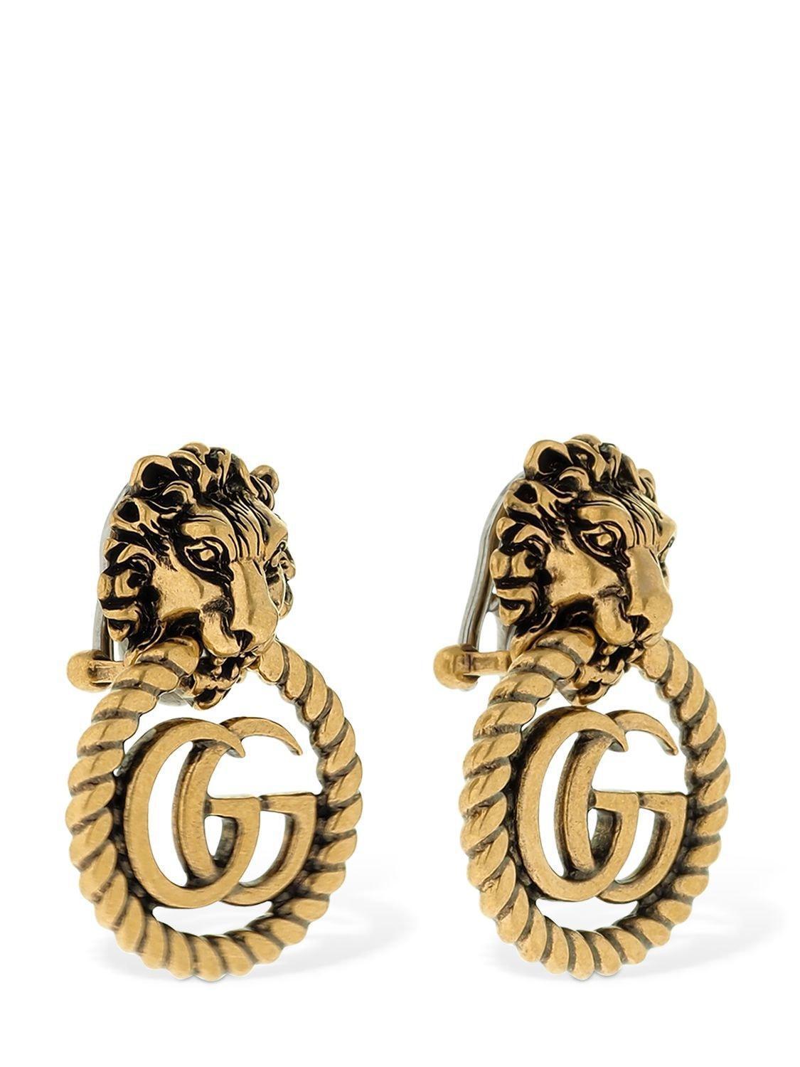 Gucci Lion Head GG Antiqued Gold Clip-on Earrings In Good Condition For Sale In Montreal, Quebec