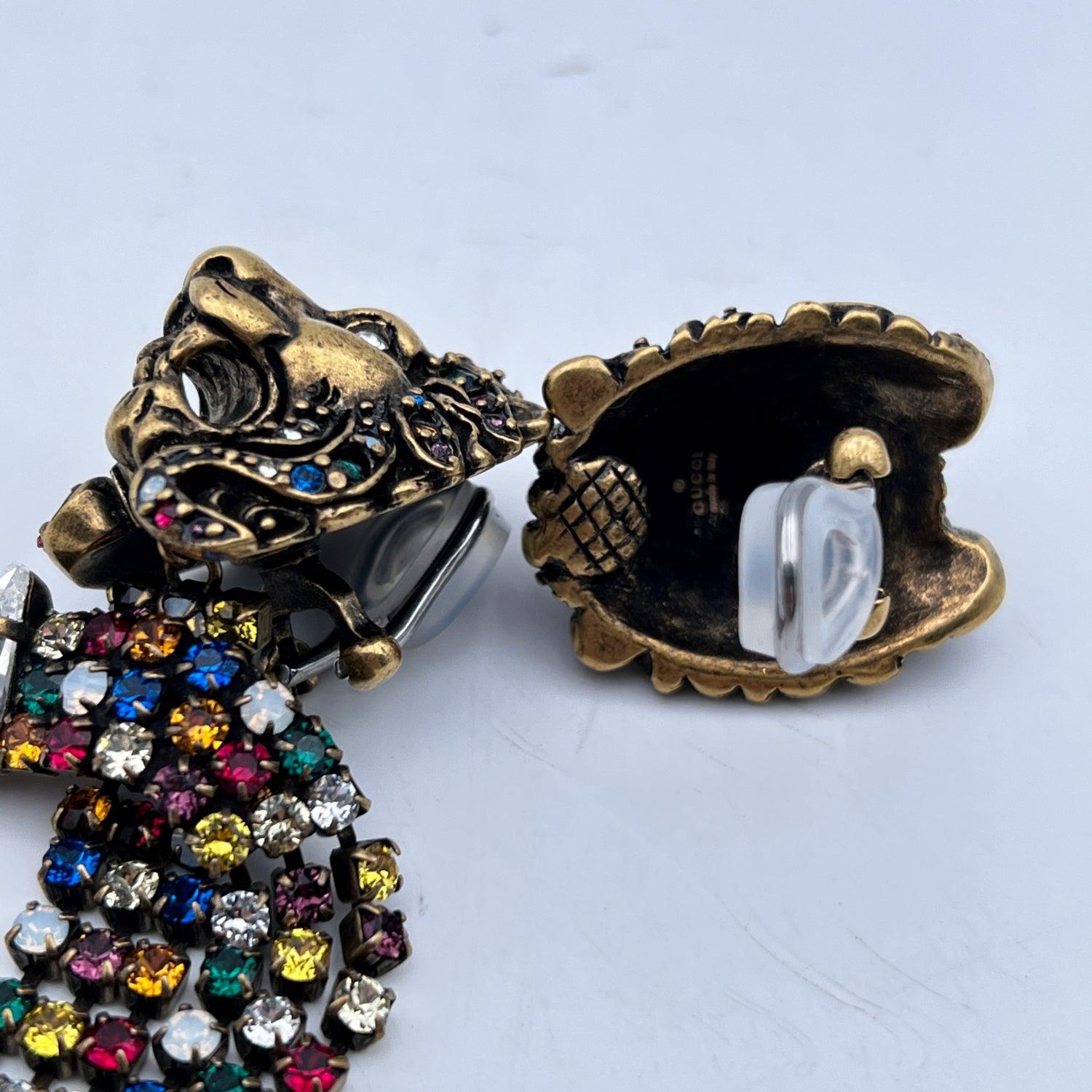Women's Gucci Lion Head Multicolor Crystals Asymmetric Cascade Earrings