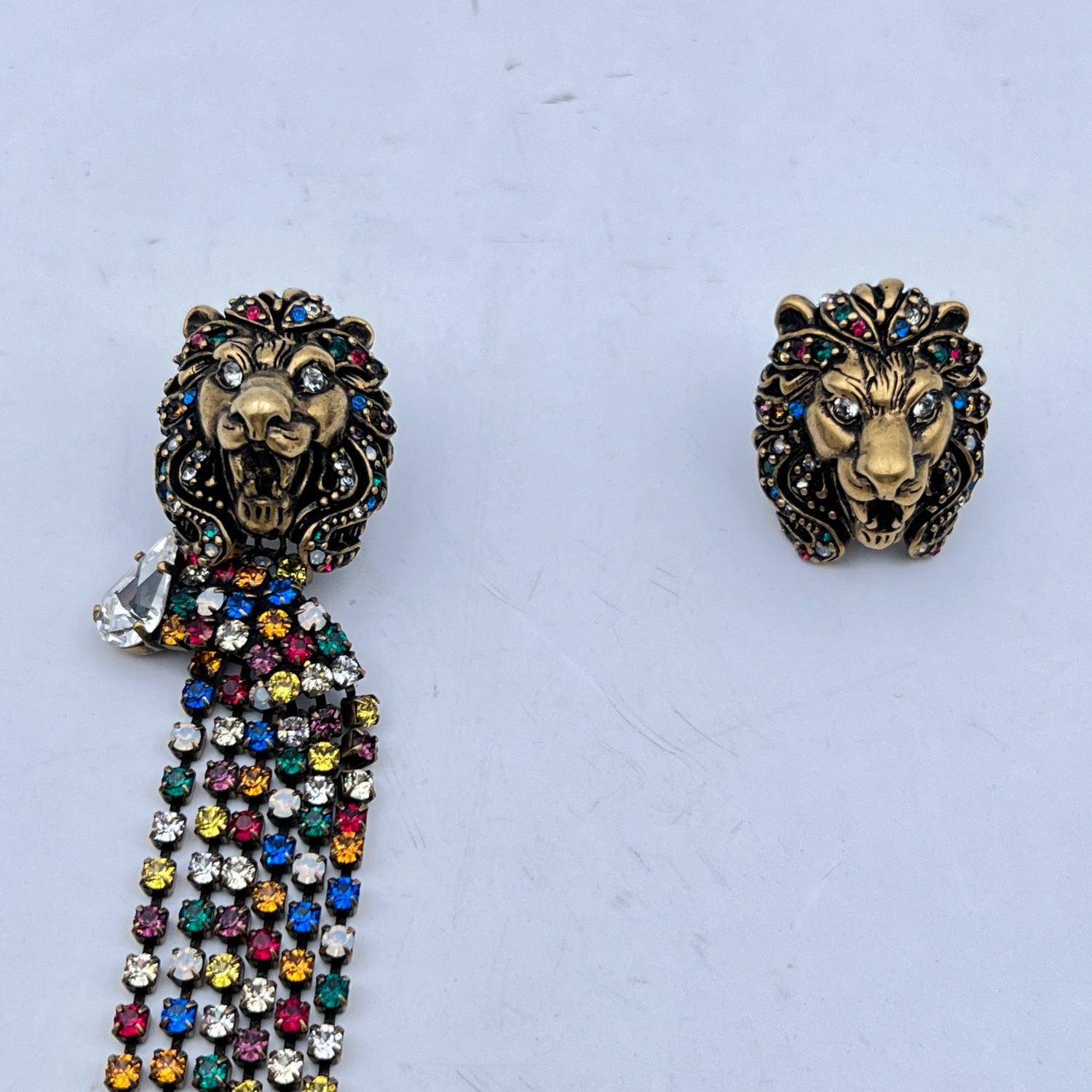 Gucci Lion Head Multicolor Crystals Asymmetric Cascade Earrings 1