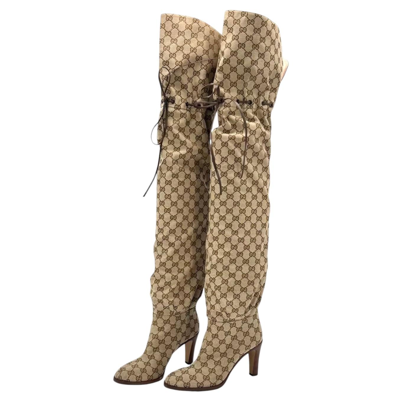 Gucci Lisa GG Monogram Slouch Thigh High Pull On Logo Boots 39 For Sale