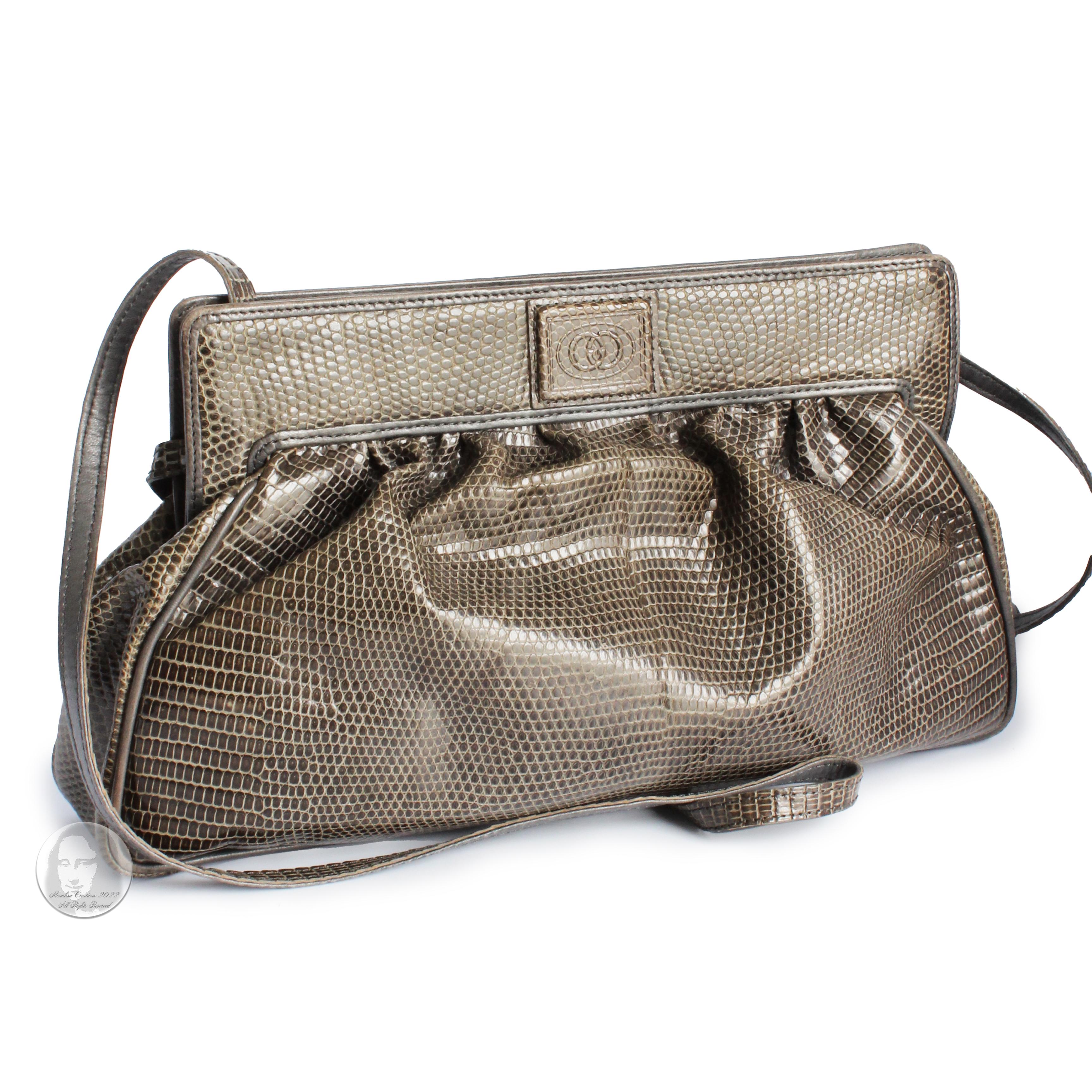 Preowned, vintage, authentic Gucci clutch, shoulder or crossbody bag, likely made in the 1980s. 

Made from exotic lizard skin in a pebble-brown hued shade with gray leather trim and lining, it features magnetic closures and a removable strap (it