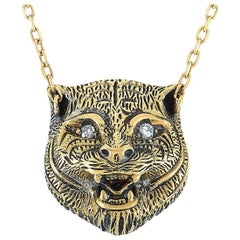Gucci LMDM 18 Karat Gold Diamond and Turquoise Feline Motif Pendant Necklace