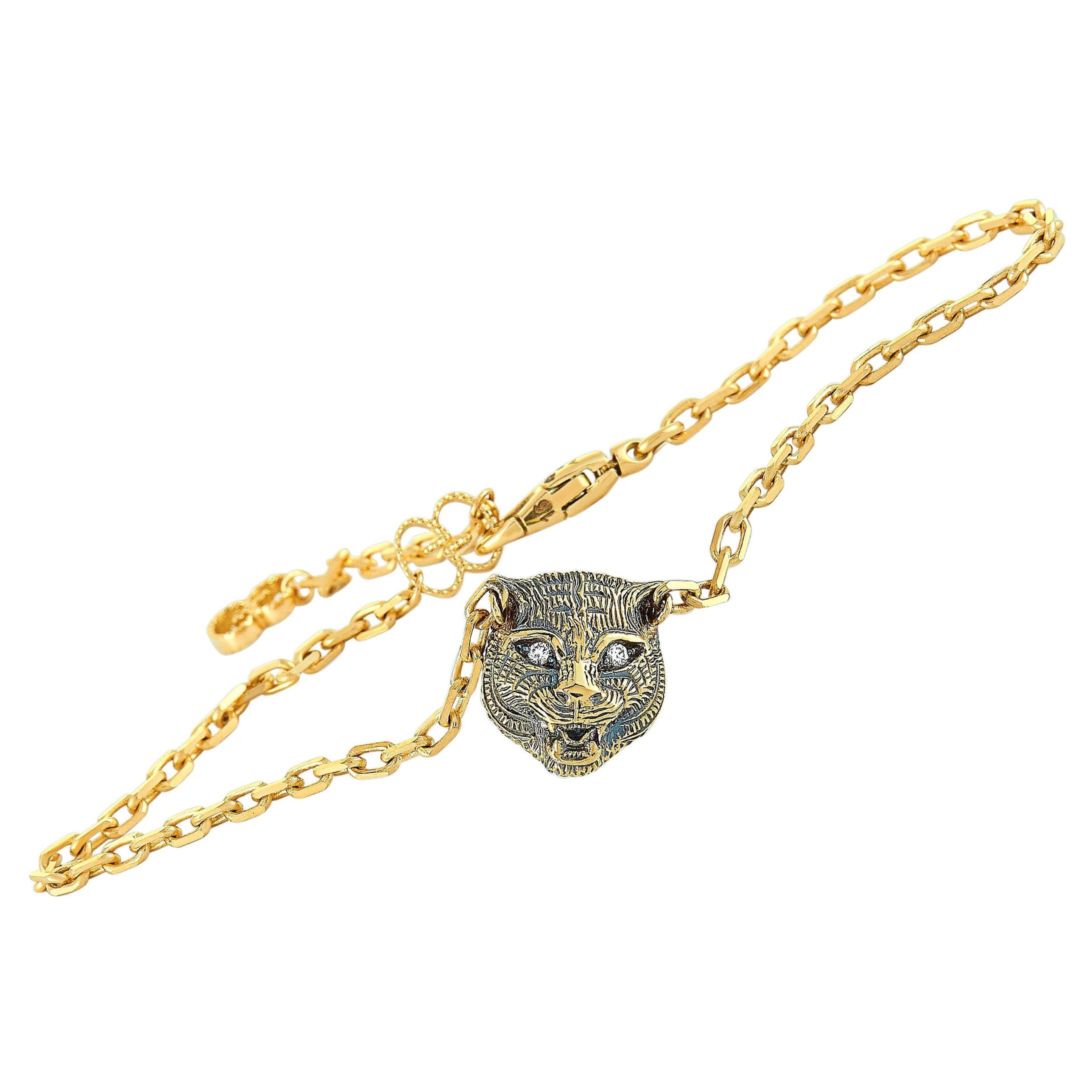 Gucci LMDM 18 Karat Yellow Gold Diamond and Jade Feline Motif Charm Bracelet