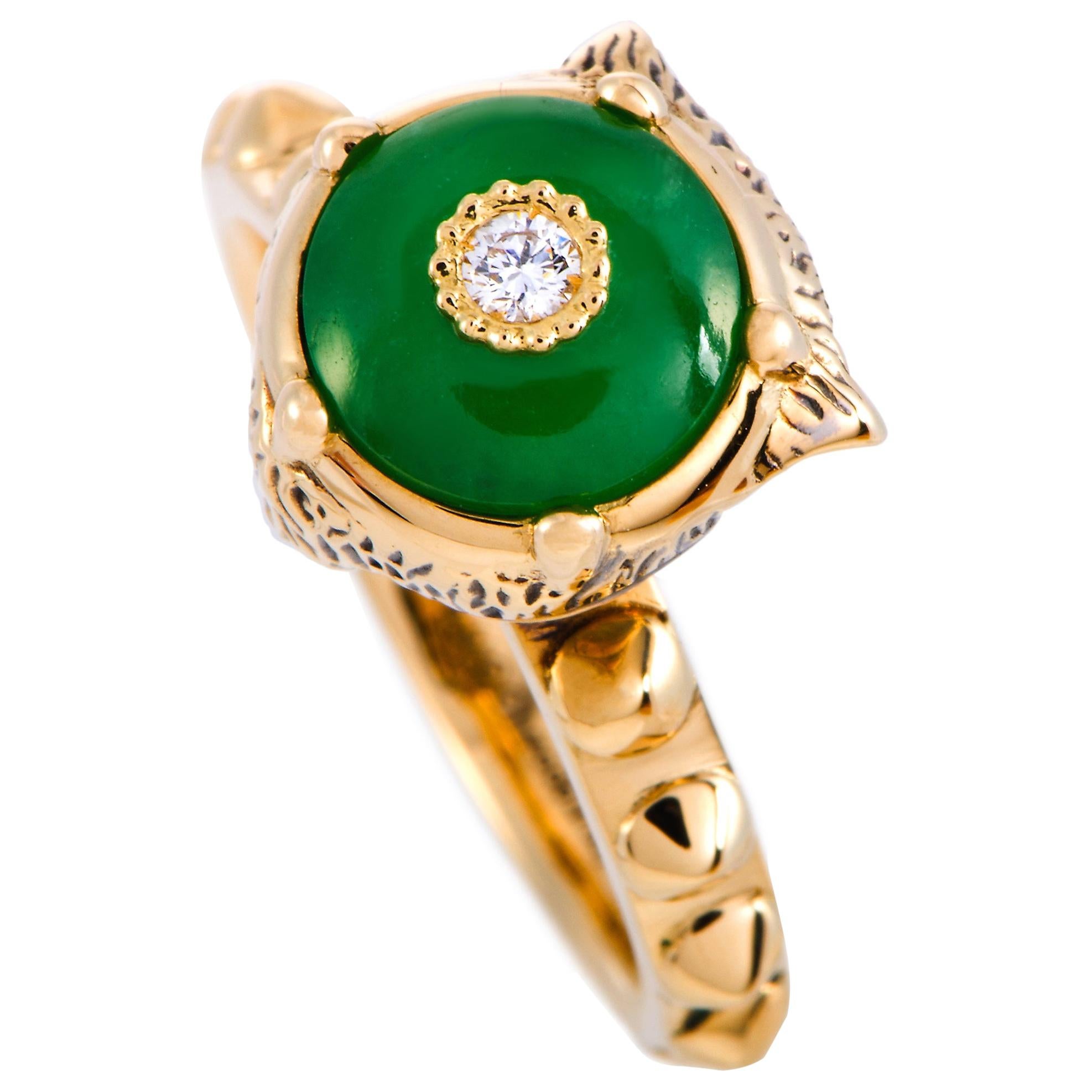 Gucci LMDM 18 Karat Yellow Gold Diamond and Jade Feline Motif Ring