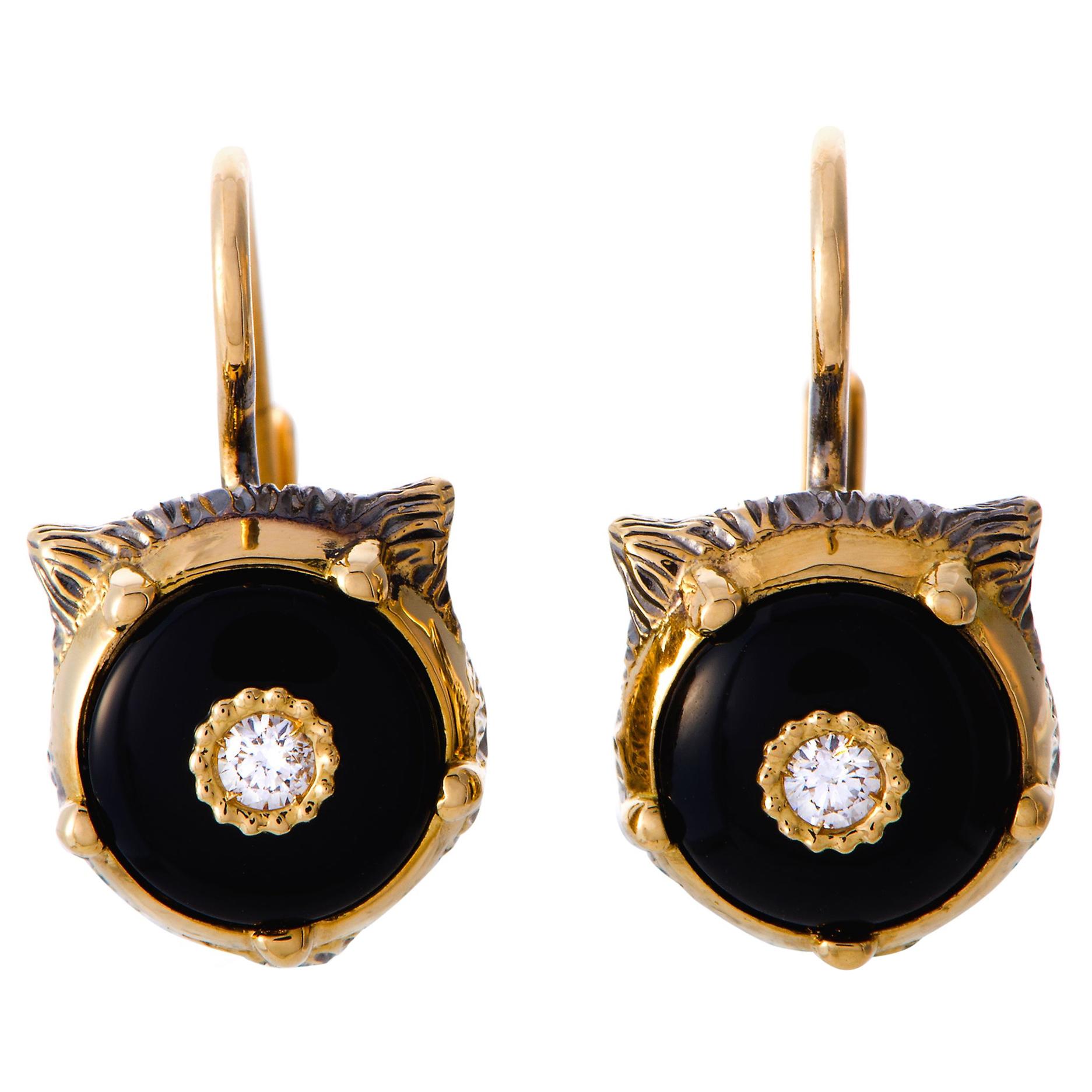 Gucci LMDM 18 Karat Yellow Gold Diamond and Onyx Feline Motif Earrings