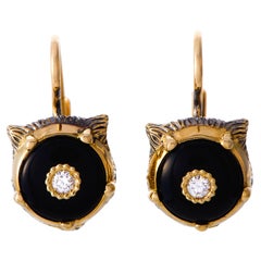 Gucci LMDM 18 Karat Yellow Gold Diamond and Onyx Feline Motif Earrings