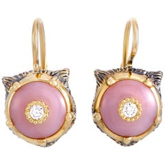 Gucci LMDM 18 Karat Yellow Gold Diamond and Pink Opal Feline Motif Earrings
