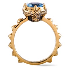 Gucci LMDM 18K Yellow Gold Diamond and Aquamarine Feline Motif Ring
