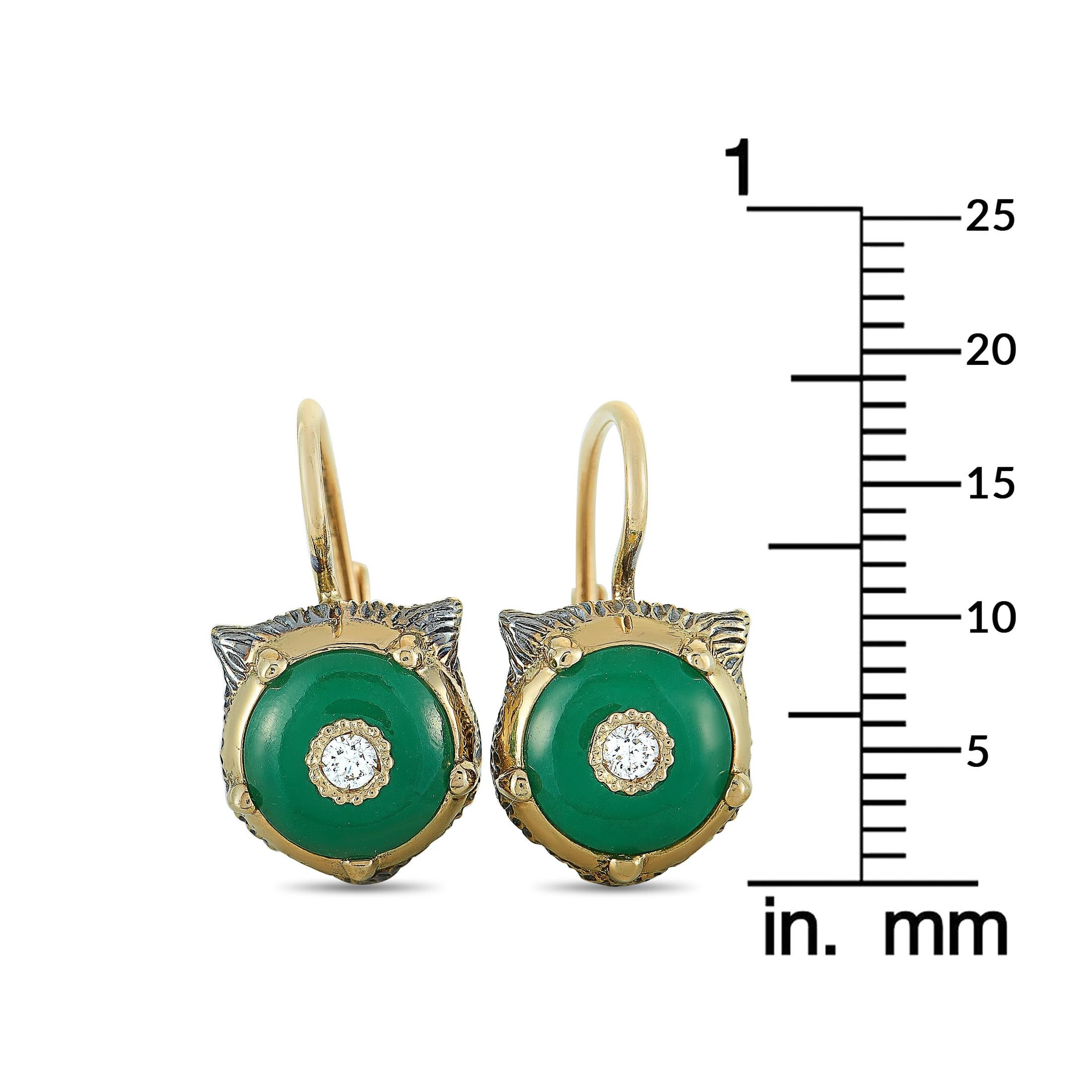 Gucci LMDM 18K Yellow Gold Diamond and Jade Feline Motif Earrings In New Condition In Southampton, PA