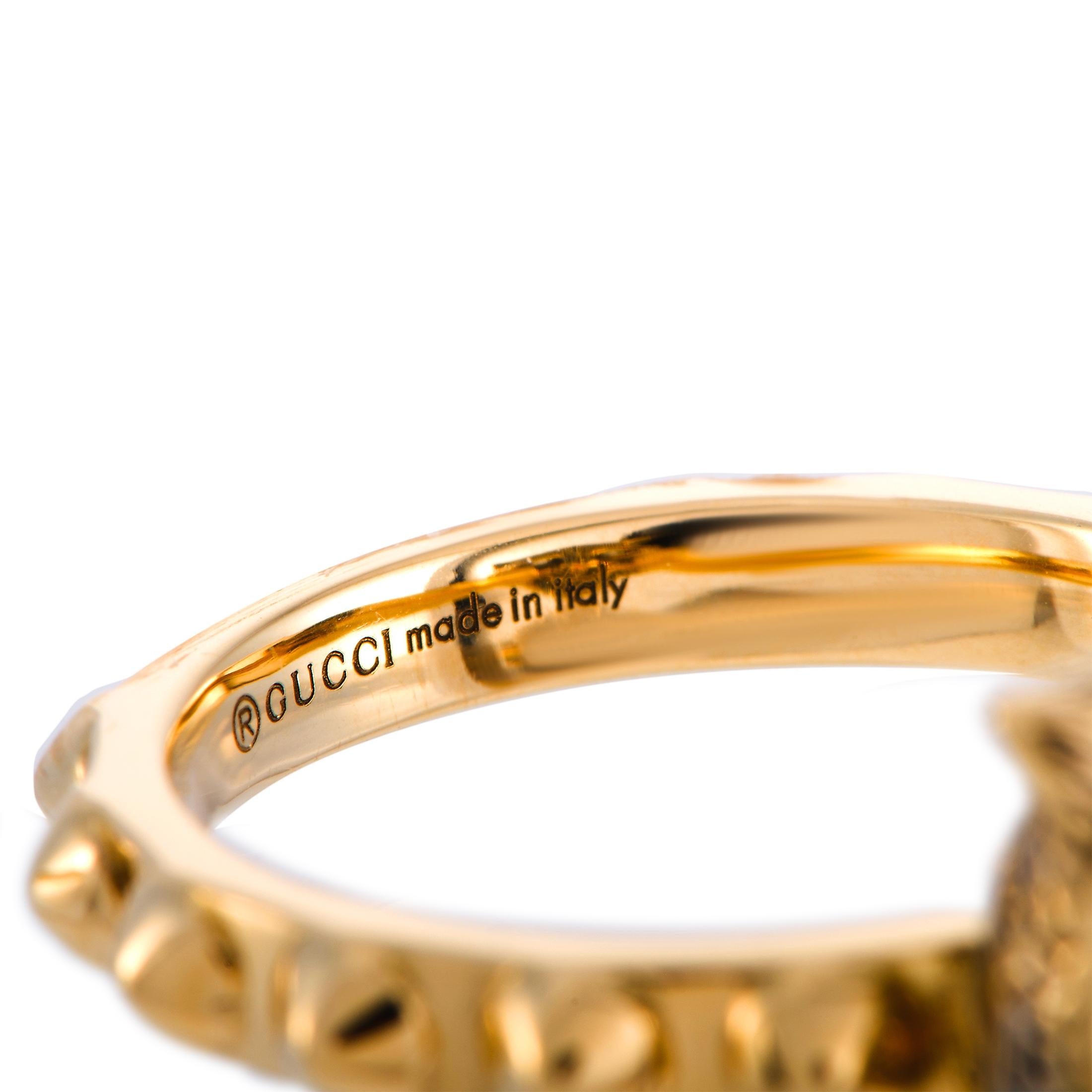 Gucci LMDM 18 Karat Yellow Gold Diamond and Jade Feline Motif Ring In New Condition In Southampton, PA