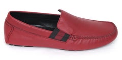 GUCCI Loafers Men's Red Leather Loafer Moccasin Web Flats Shoes 7.5 w/Box