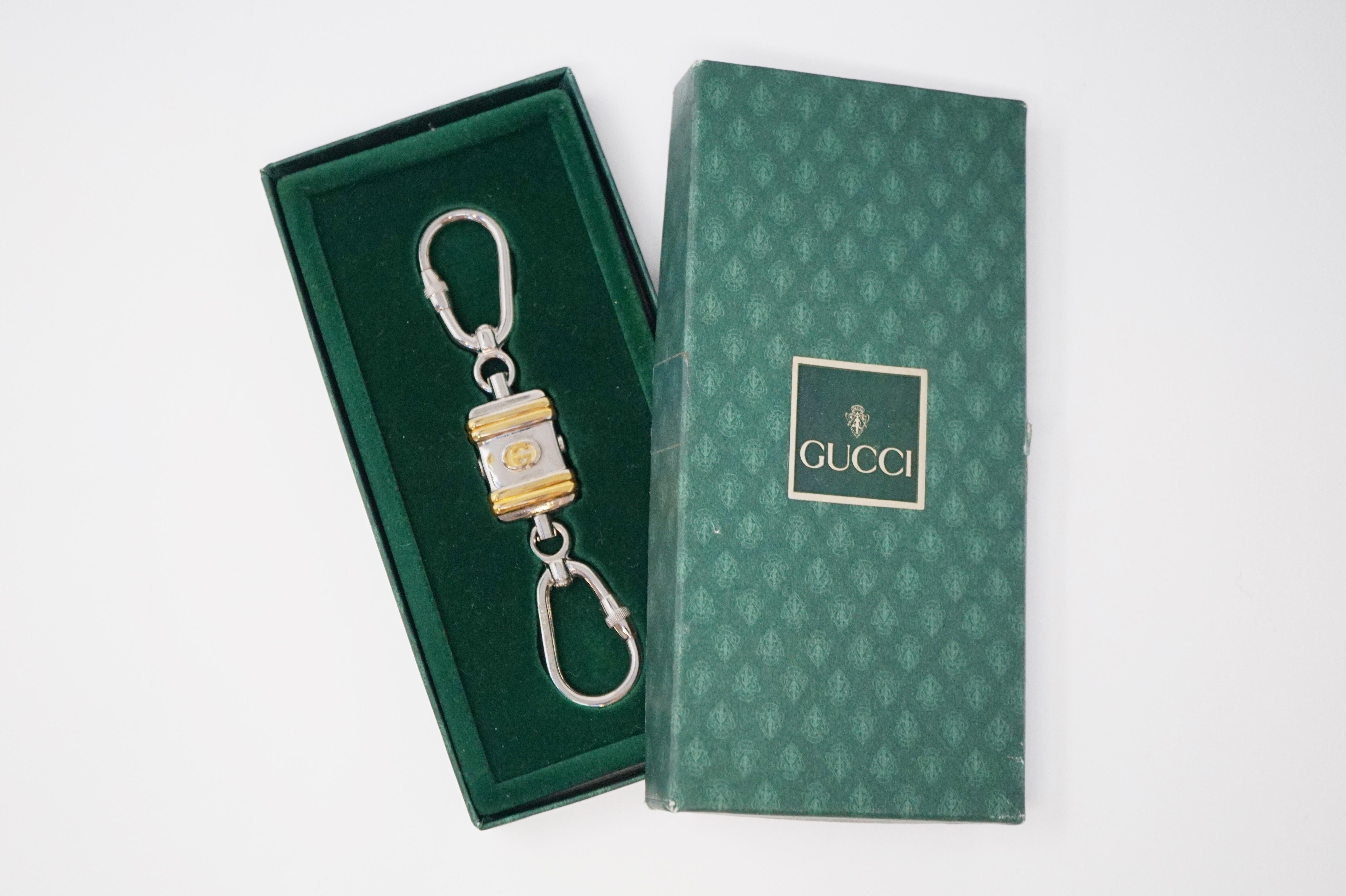 Gucci Logo Double Key Ring in Original Box, Made in Italy circa 1970, Signed 3