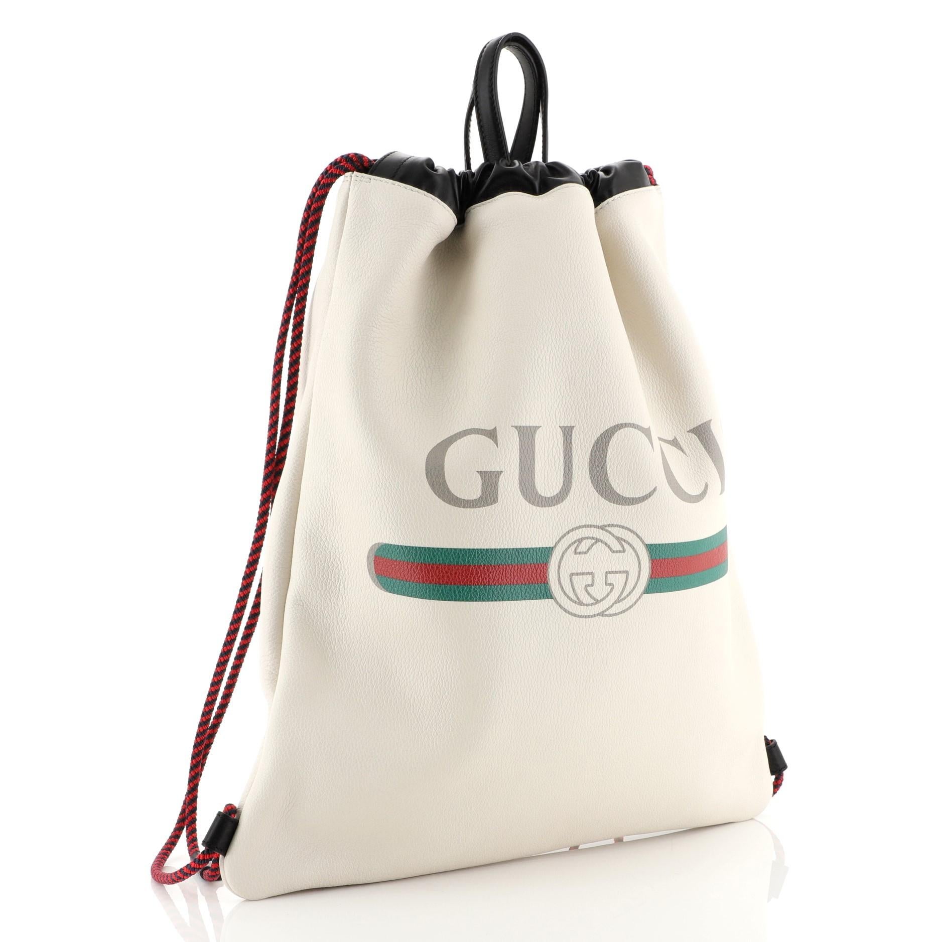 Beige Gucci Logo Drawstring Backpack Printed Leather Large