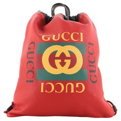 Gucci Logo Drawstring Backpack Printed Leather Large