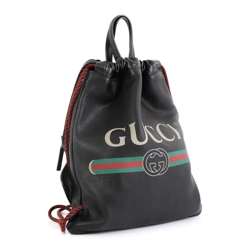 Black Gucci Logo Drawstring Backpack Printed Leather Medium