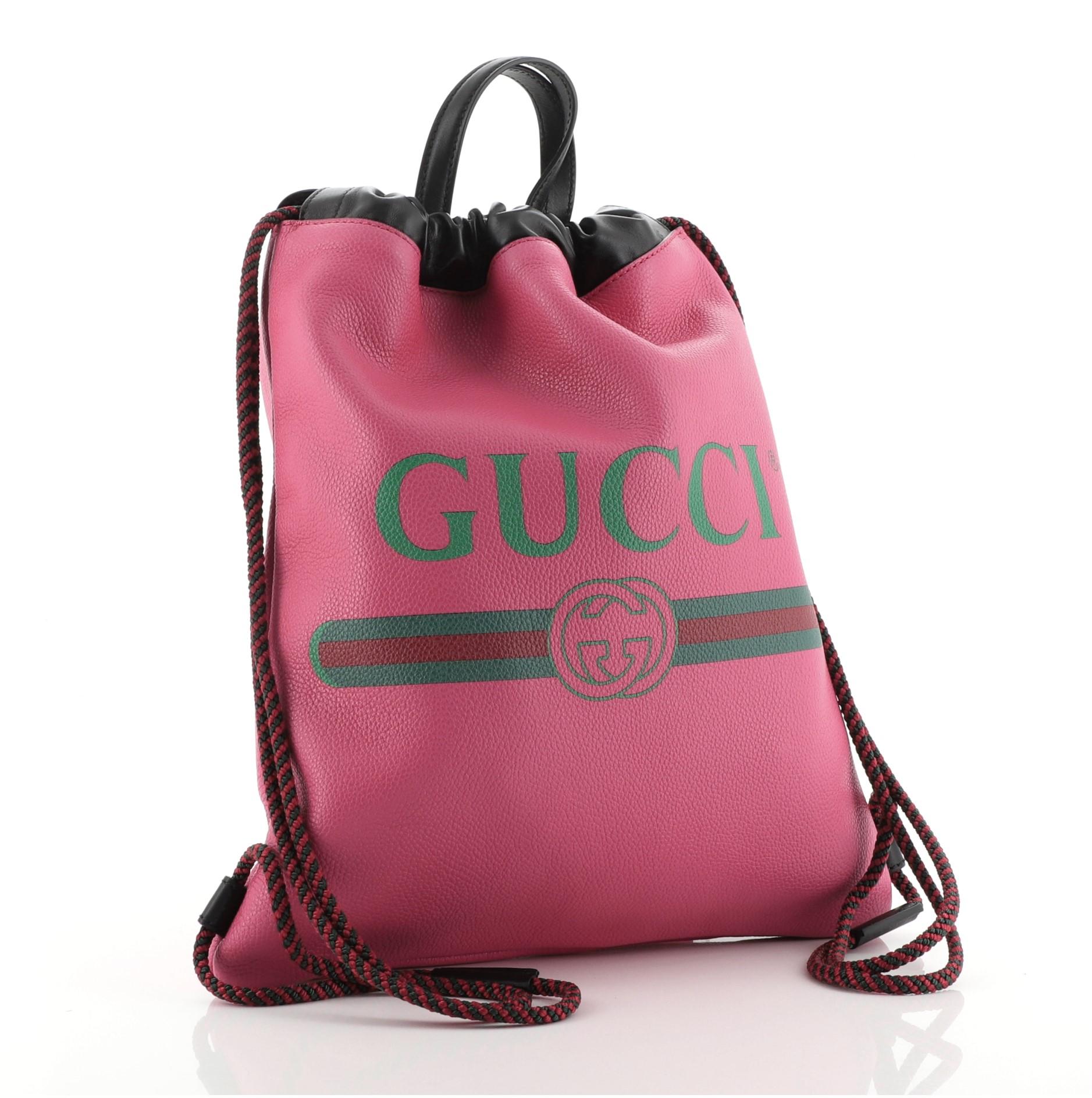 Pink Gucci Logo Drawstring Backpack Printed Leather Medium