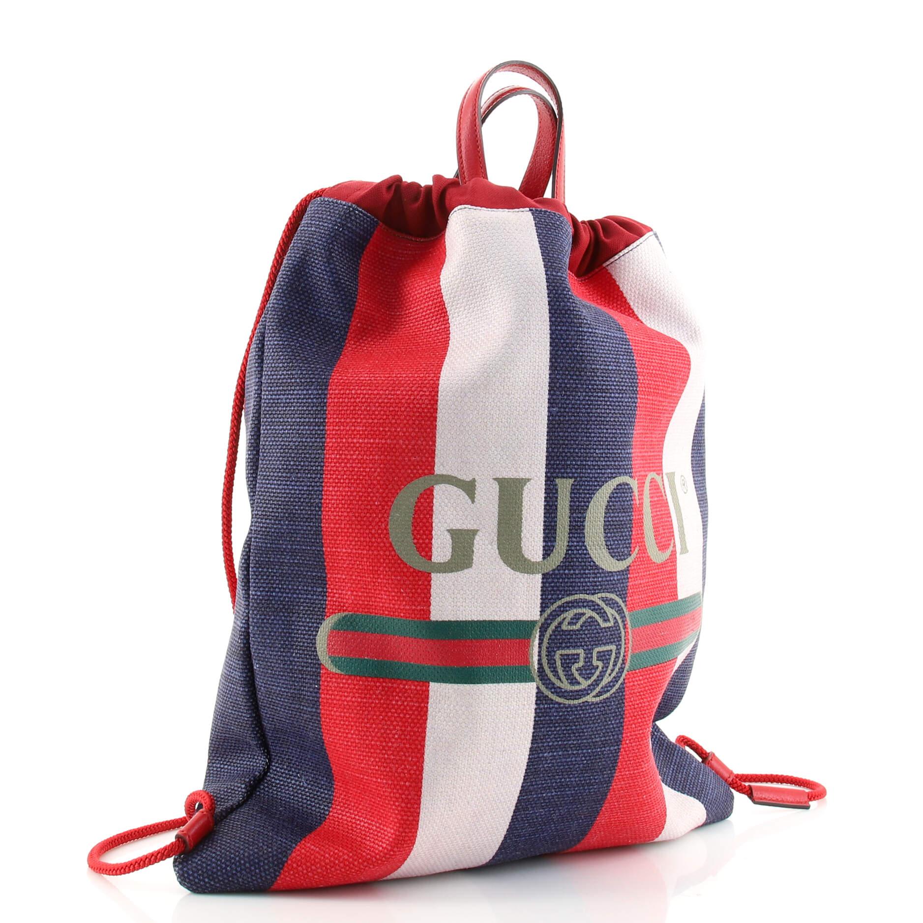 Gucci Logo Drawstring Backpack Striped Canvas Large 1