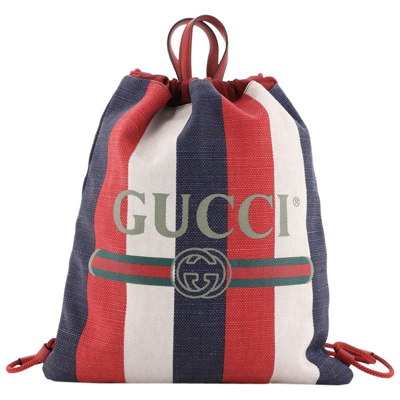 Gucci Logo Drawstring Backpack Striped Raffia Large