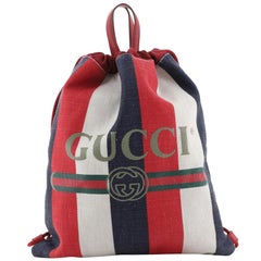 Gucci Logo Drawstring Backpack Striped Raffia Large