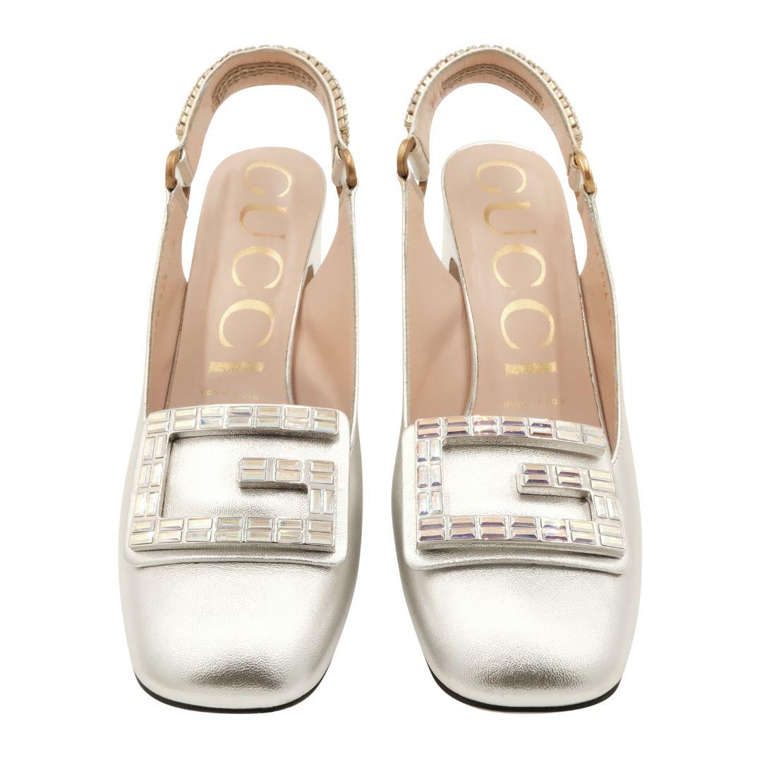 Gucci metallic nappa leather crystal square G Madelyn slingback pumps with embellished crystal heels and back strap. Comes with original dust bags and tags. Square toe, block heel. 

Condition Details: Very good, gently used condition. Some minor