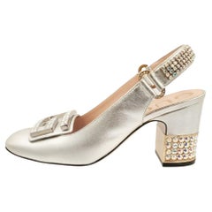 GUCCI Logo Silver Metallic Leather Crystal Embellished Slingback Heels