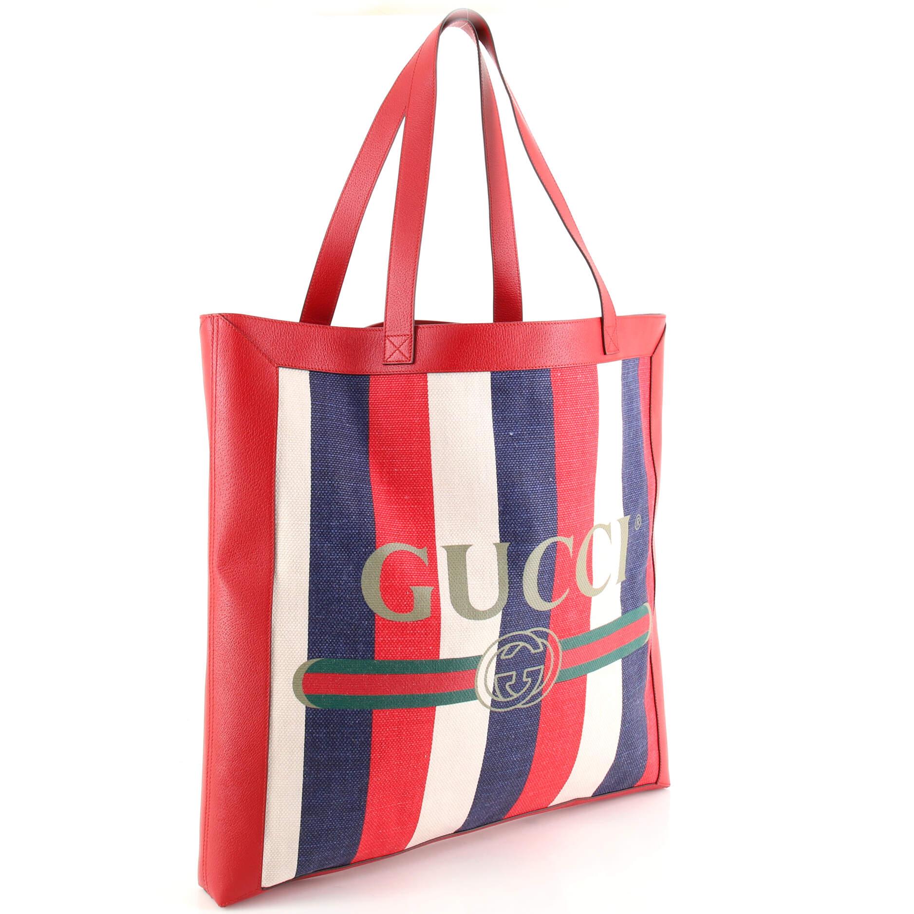 Gucci Logo Tote Striped Canvas and Leather Large In Good Condition In NY, NY