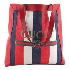 Gucci Logo Tote Striped Canvas and Leather Large
