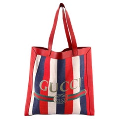 Gucci Logo Tote Striped Canvas and Leather Large