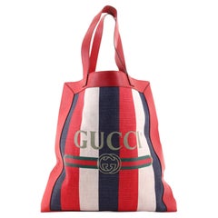 Gucci Logo Tote Striped Canvas and Leather Medium