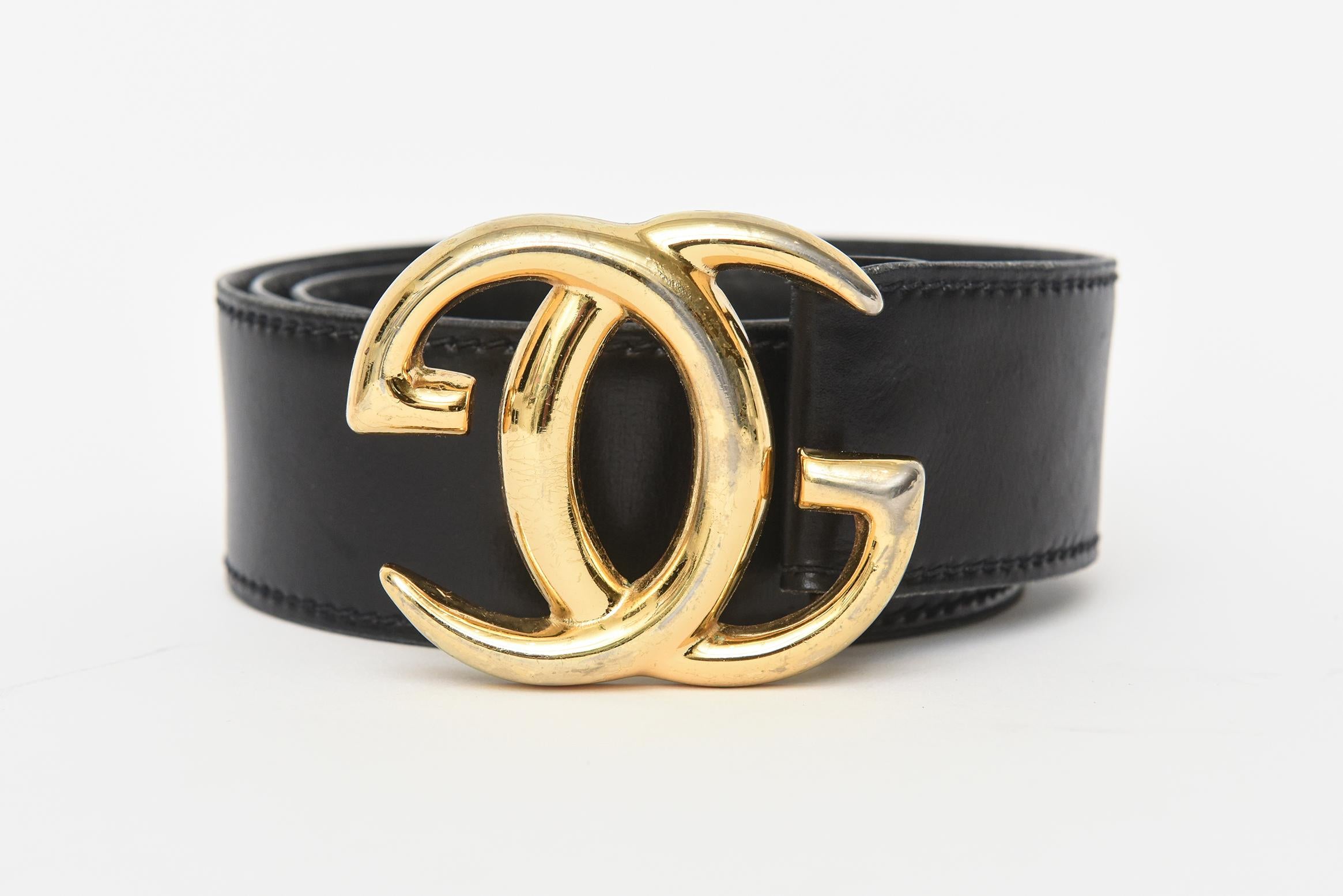 Gucci Logo Wide Black Leather Vintage Belt With Gold Plated GG'S For Sale 3