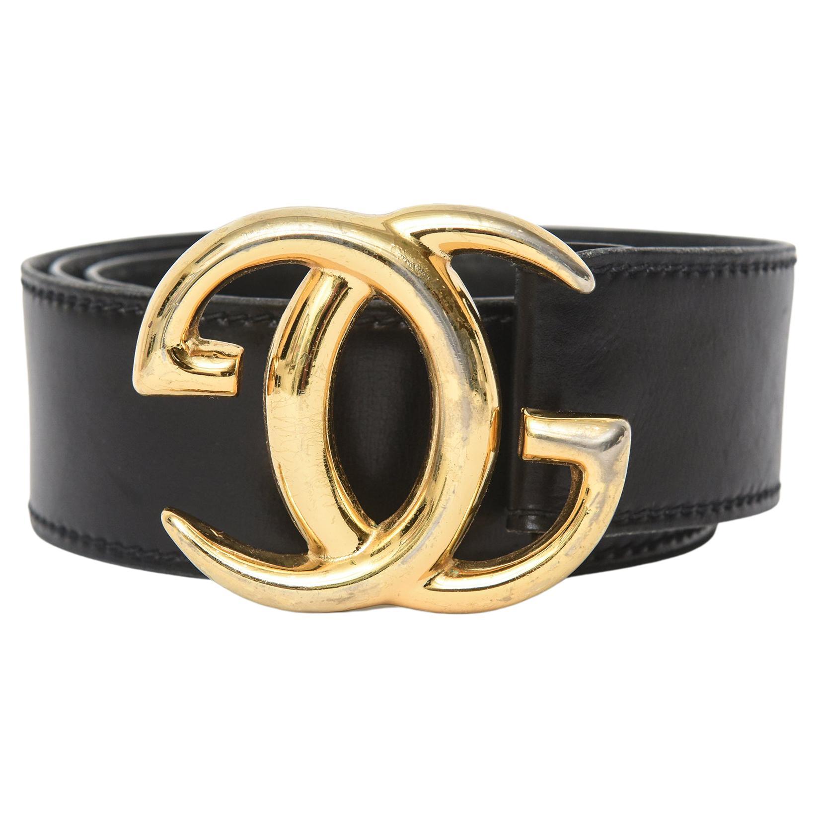 Gucci Logo Wide Black Leather Vintage Belt With Gold Plated GG'S For Sale