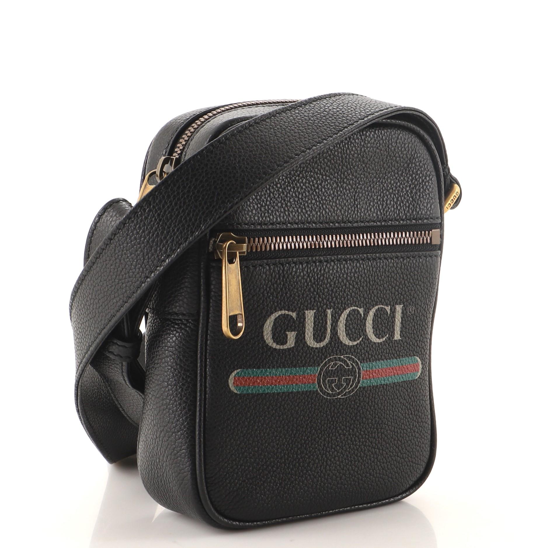 Black Gucci Logo Zip Messenger Bag Printed Leather Mini