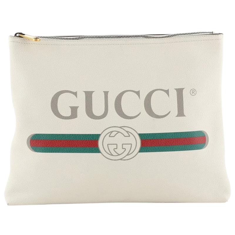 Gucci Logo Zip Pouch Printed Leather Medium