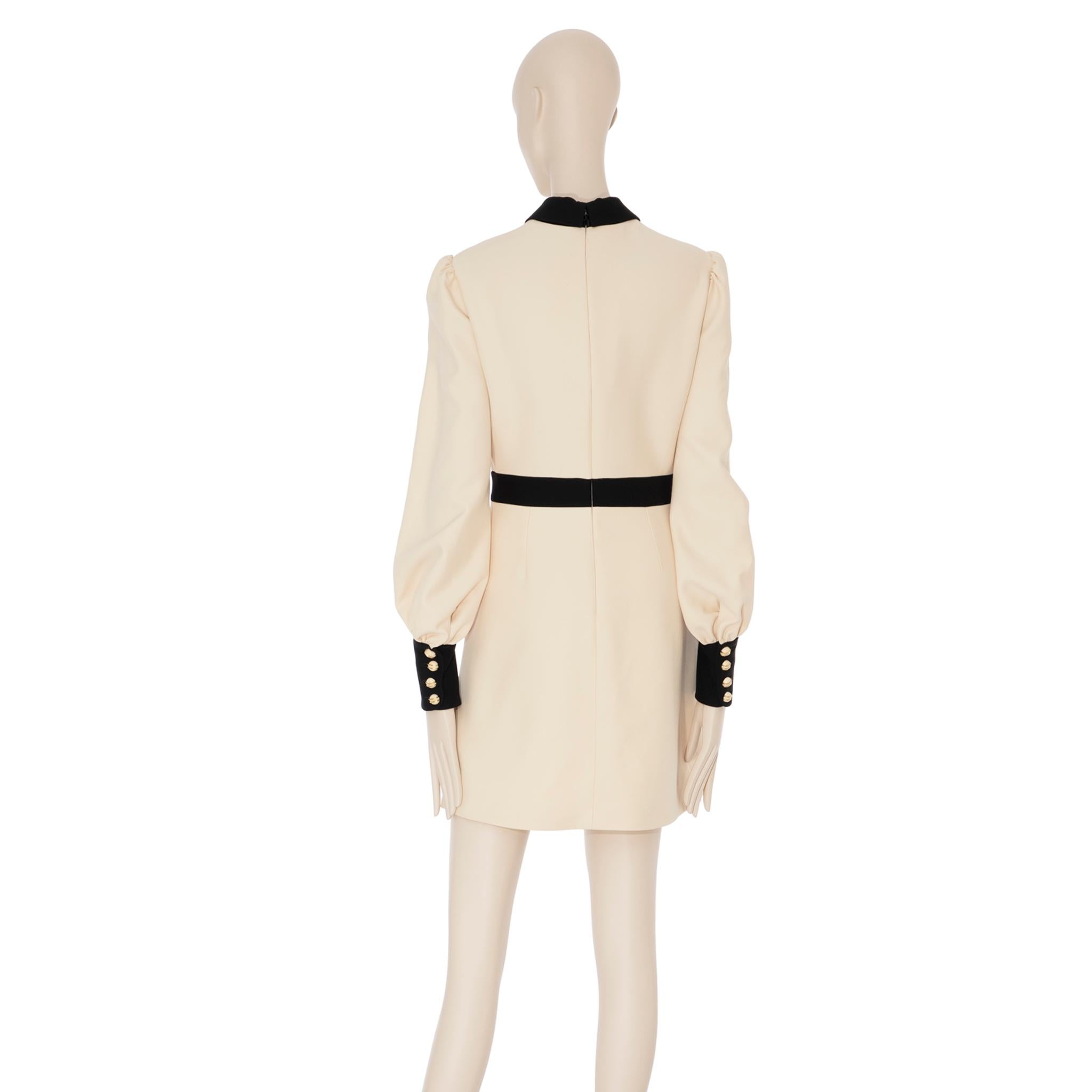 Gucci Long Sleeve Dress With Tie Ivory & Black Wool & Silk 40 IT 6