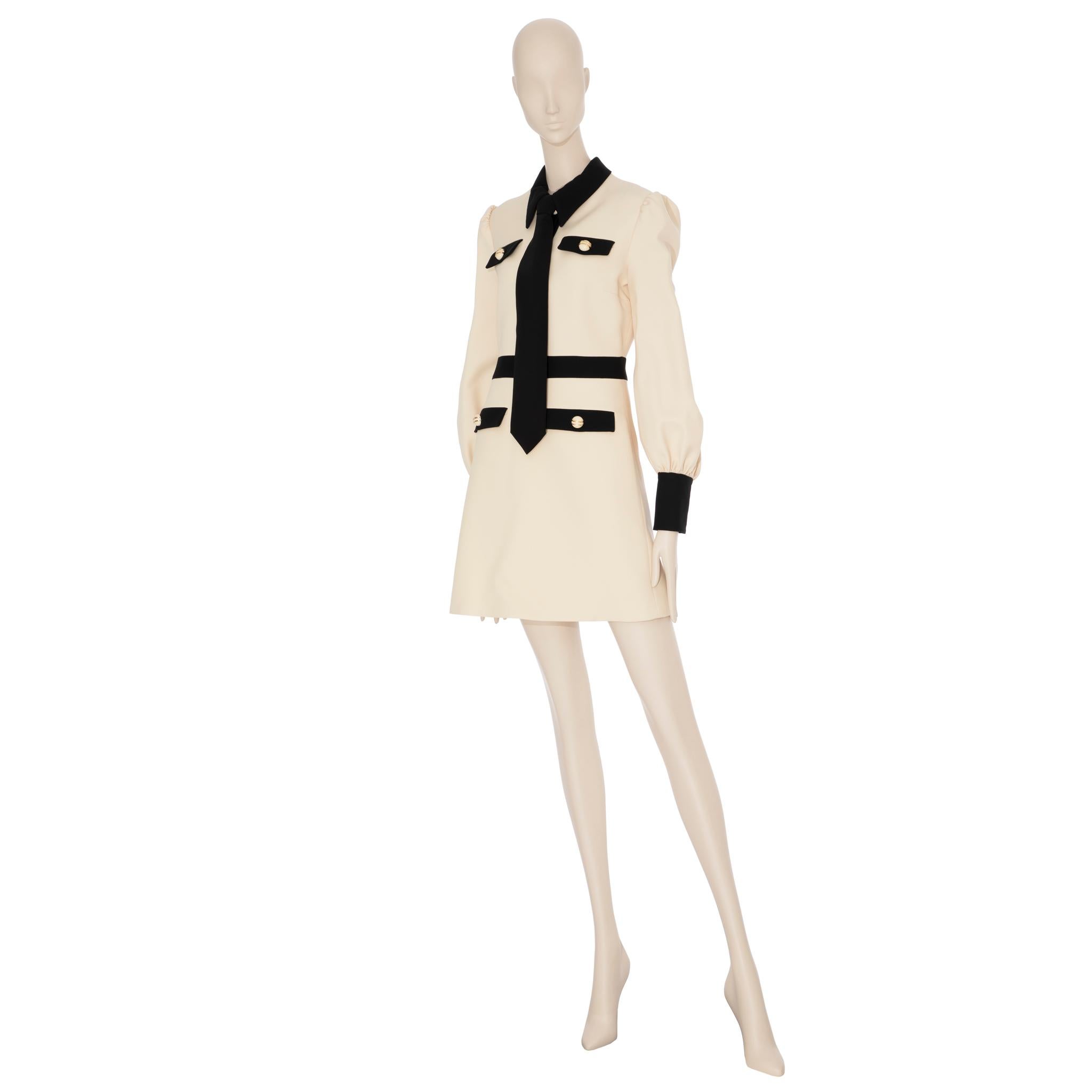 Women's Gucci Long Sleeve Dress With Tie Ivory & Black Wool & Silk 40 IT