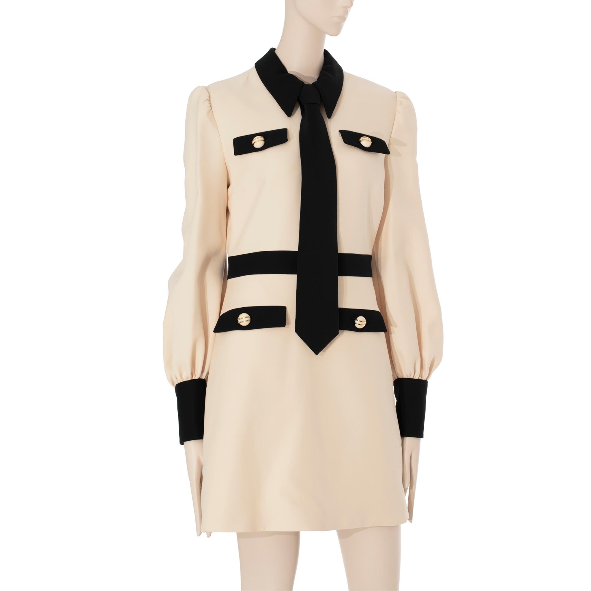 Gucci Long Sleeve Dress With Tie Ivory & Black Wool & Silk 40 IT 4