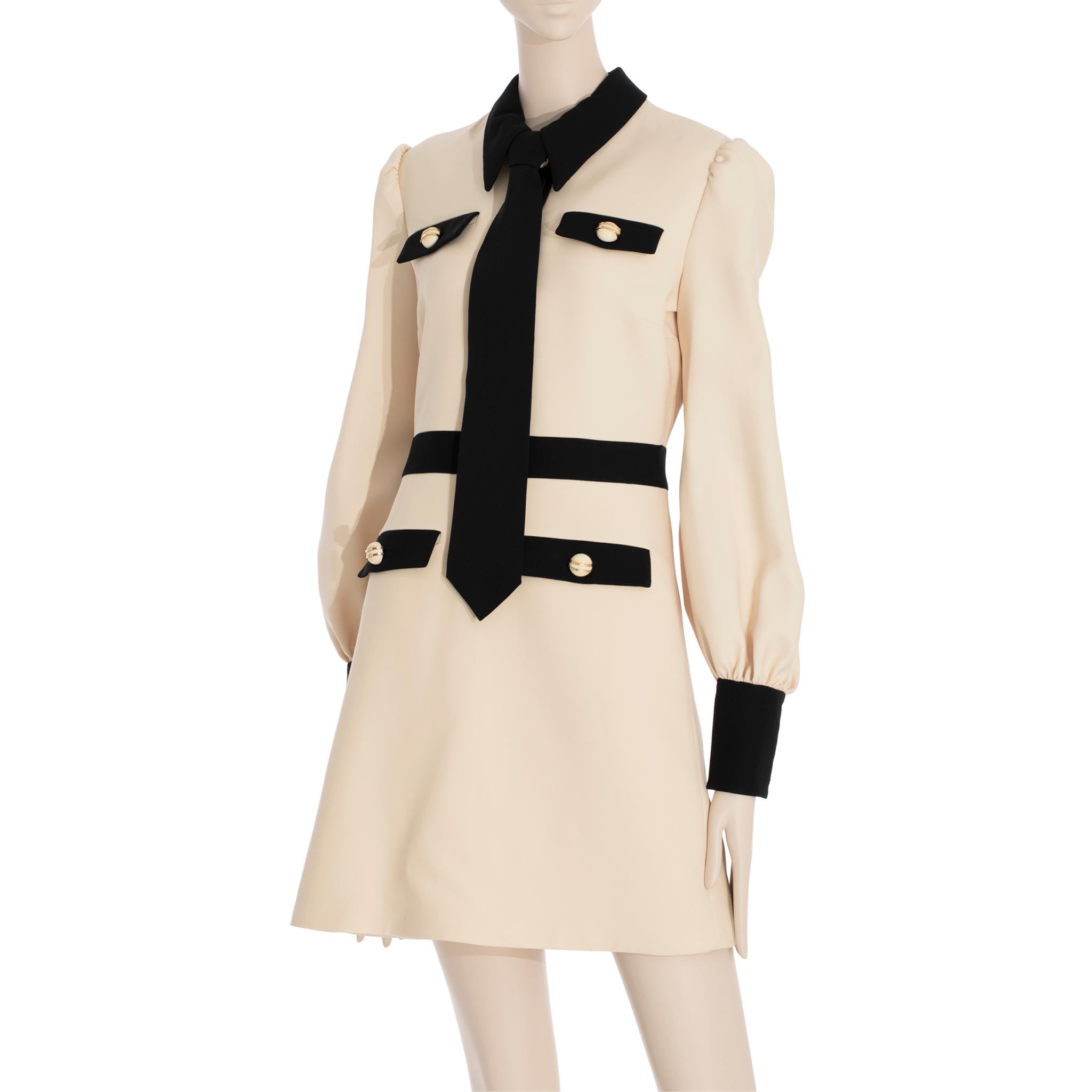 Gucci Long Sleeve Dress With Tie Ivory & Black Wool & Silk 40 IT 5