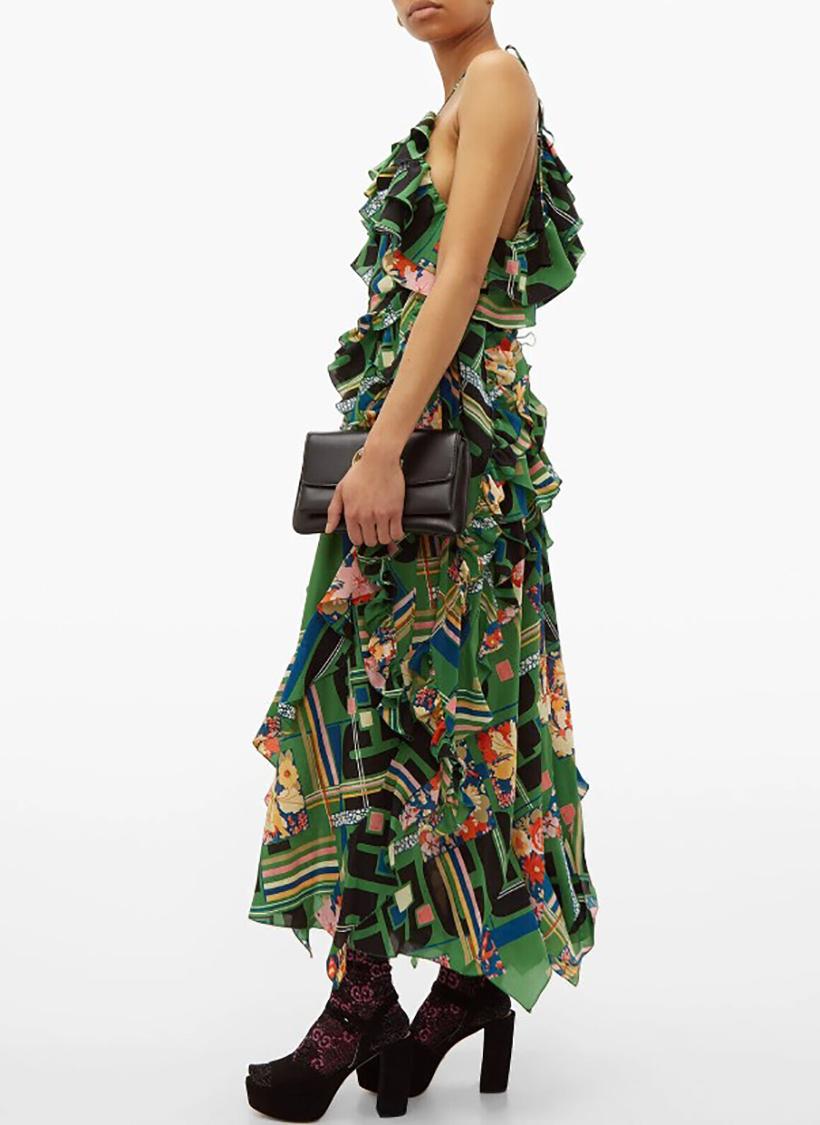 GUCCI 

Gucci Dress as seen on Saoirse Ronan (American-Irish actress)

Color: Green
Floral Print
Ruffle Embellishment
Sleeveless with One-Shoulder
Includes Designer Hanger

Content: 100% silk

Bust: 46
