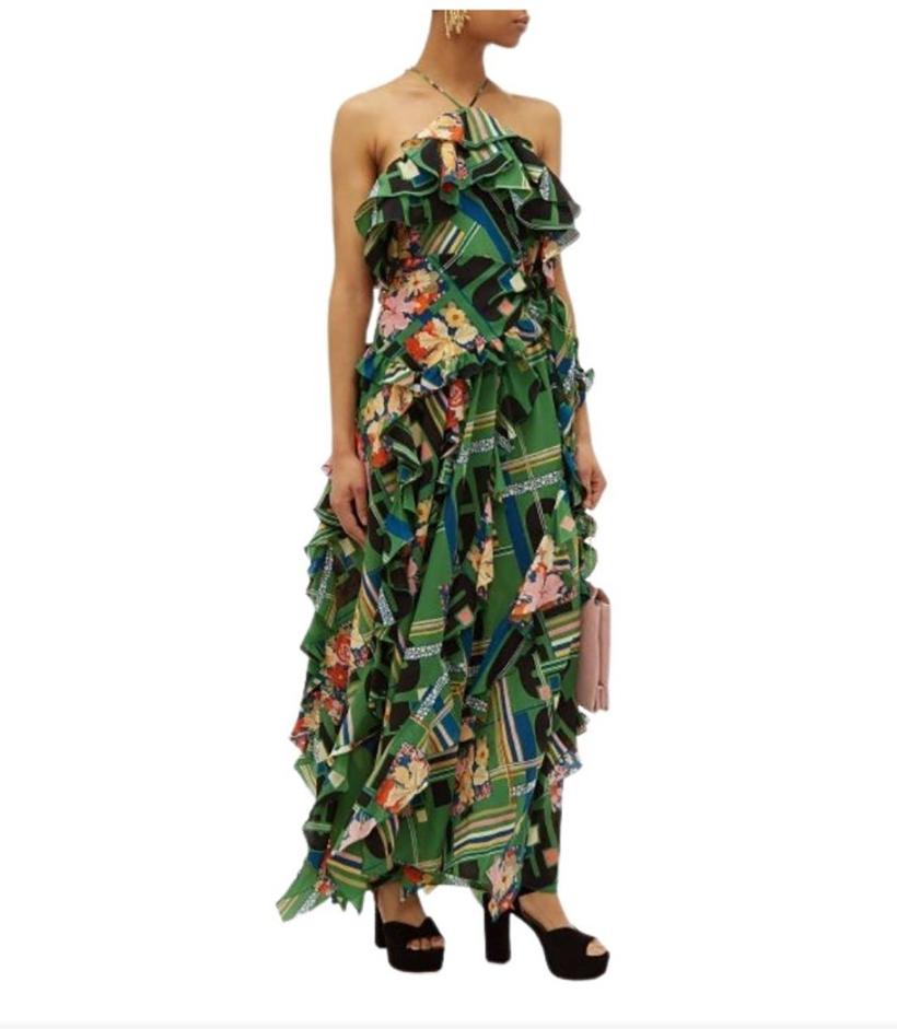GUCCI LORAL PRINT GREEN LONG DRESS Sz IT 46 In New Condition In Montgomery, TX