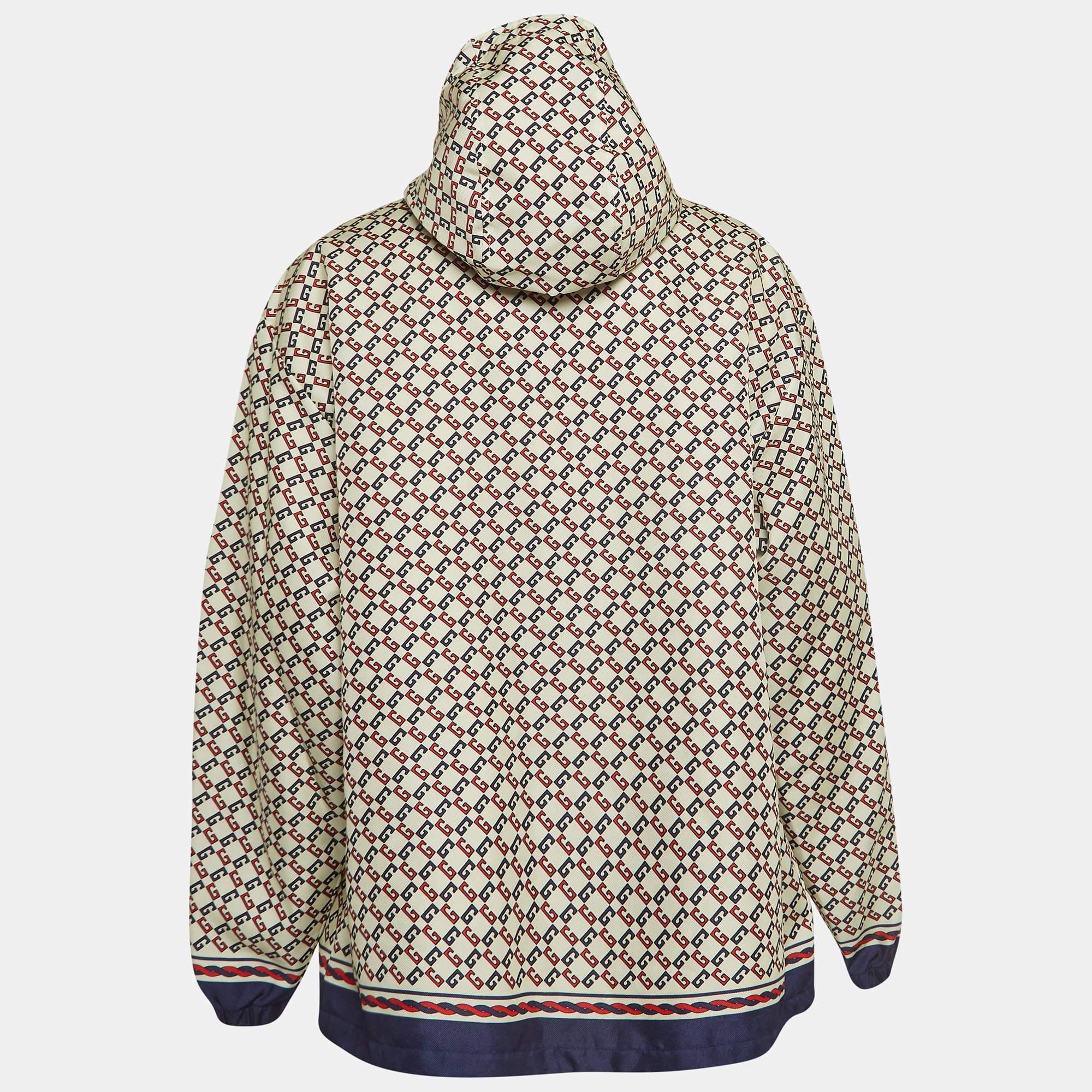 Made by Gucci, the Love Parade jacket embodies urban flair with a touch of luxury. Its cream hue, adorned with geometric GG prints, exudes contemporary charm. Made from high-quality nylon, it offers both style and functionality, perfect for