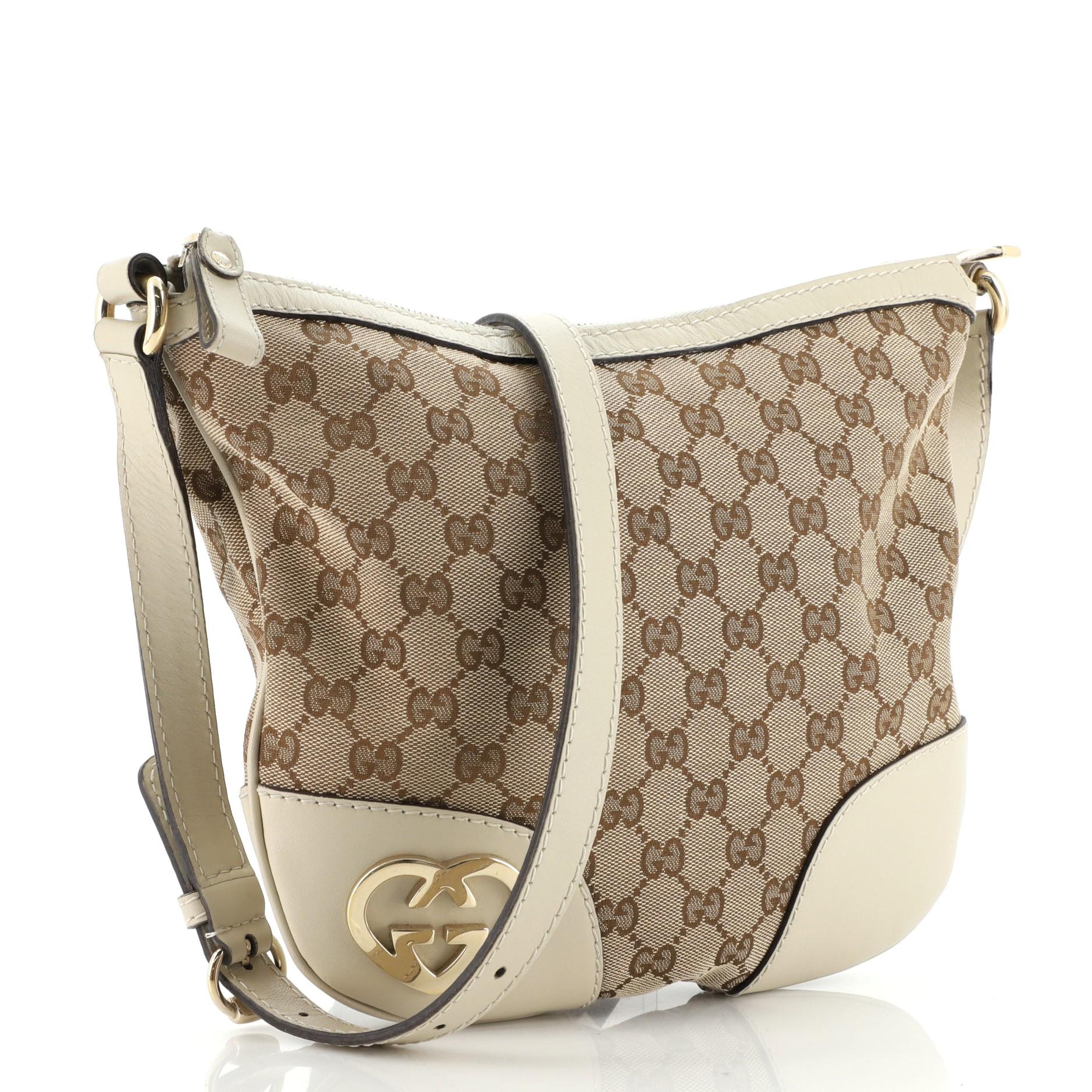 Gucci Lovely Hearts Interlocking G Umhängetasche GG aus Segeltuch mit Leder (Braun)