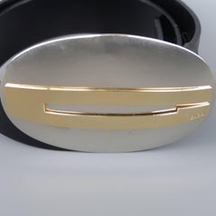 GUCCI M Large Silver & Gold Oval G Buckle Black Leather Belt
