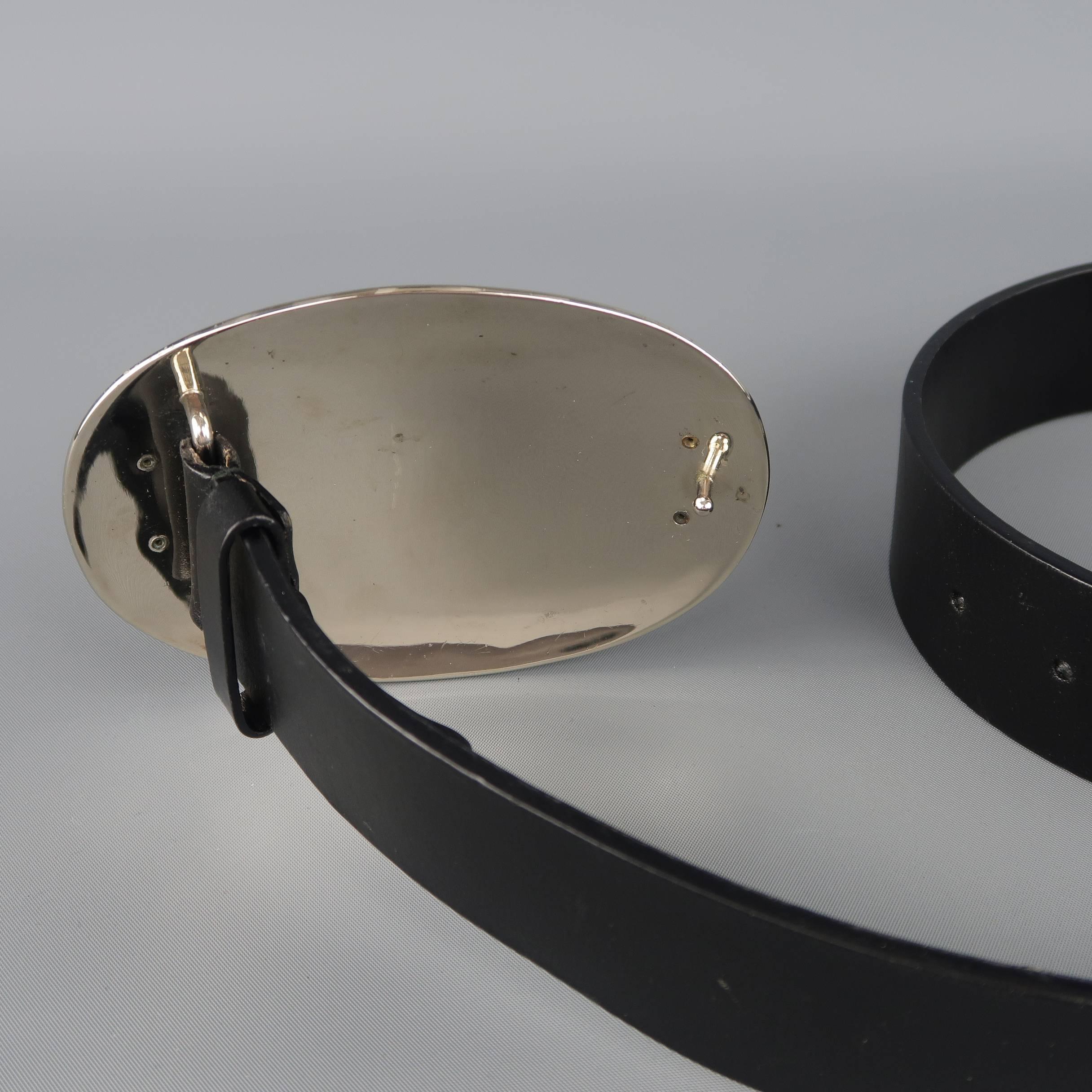  GUCCI M Large Silver & Gold Oval G Buckle Black Leather Belt In Good Condition In San Francisco, CA